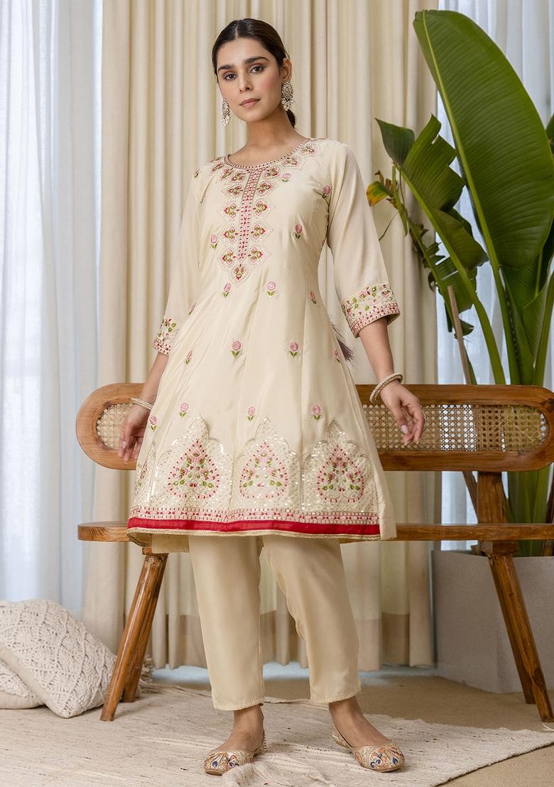 Beige Embroidery Silk Kurta Set - Indya