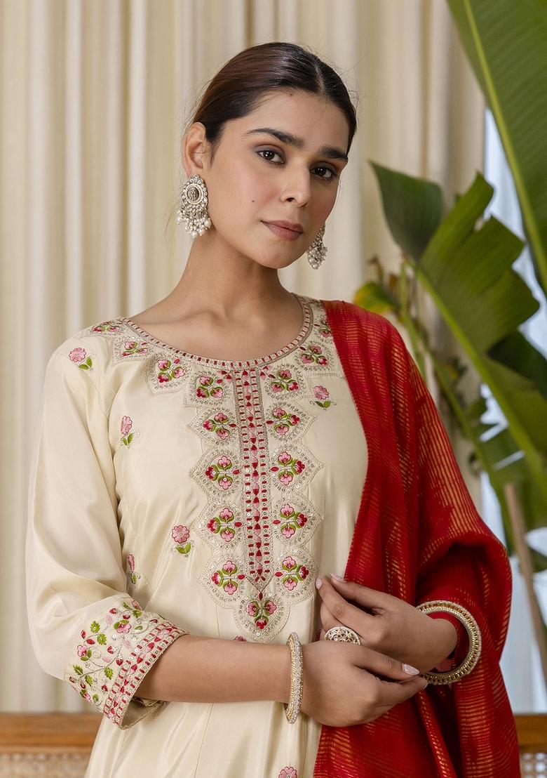 Beige Embroidery Silk Kurta Set - Indya