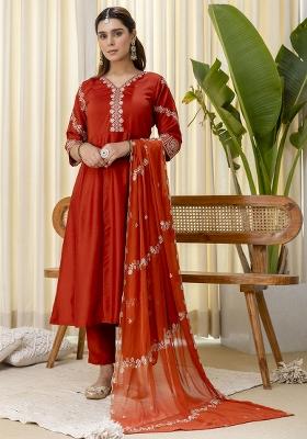 Rust Embroidery Silk Kurta Set