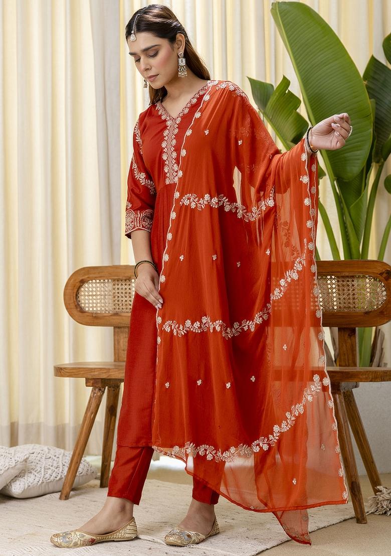 Rust Embroidery Silk Kurta Set - Indya