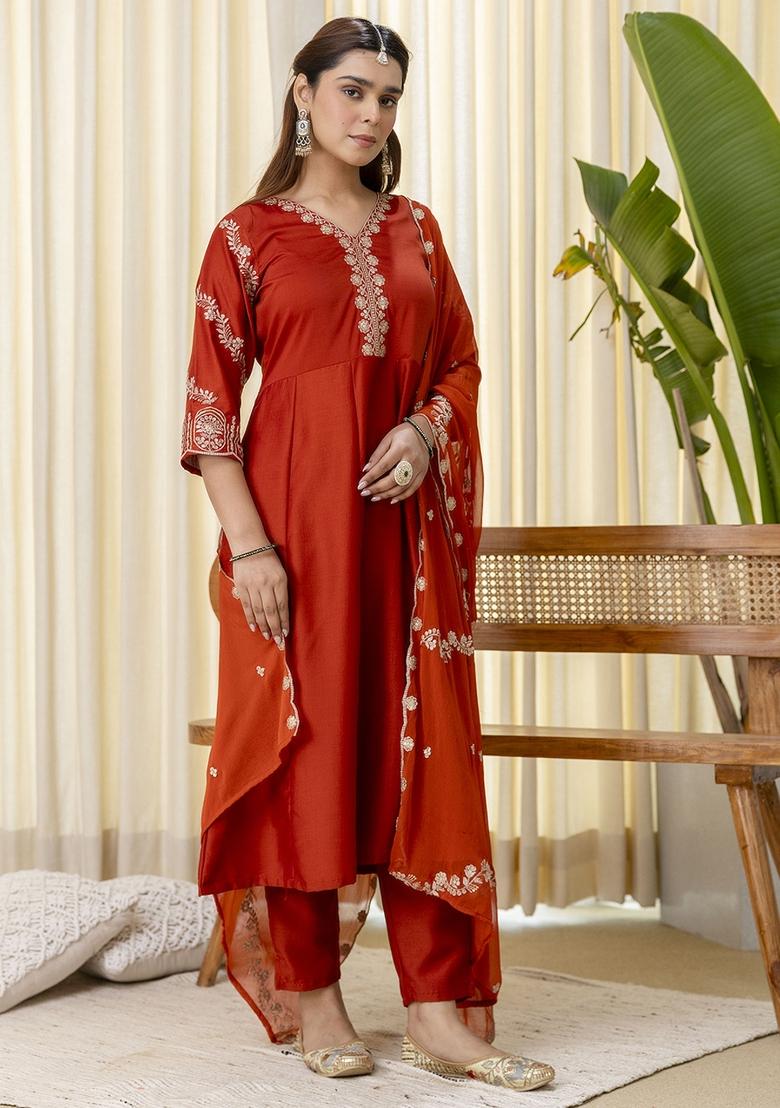 Rust Embroidery Silk Kurta Set - Indya