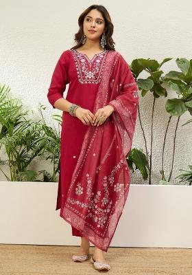 Maroon Embroidery Silk Kurta Set