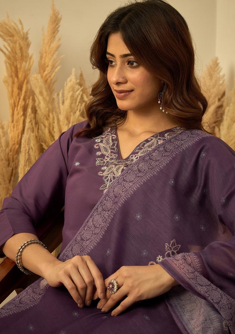 Lavender Embroidery Silk Kurta Set - Indya