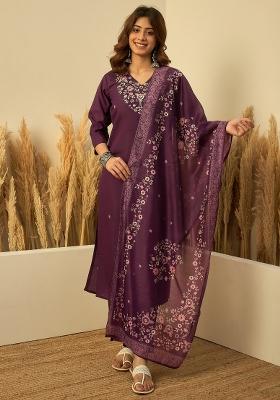 Purple Embroidery Silk Kurta Set