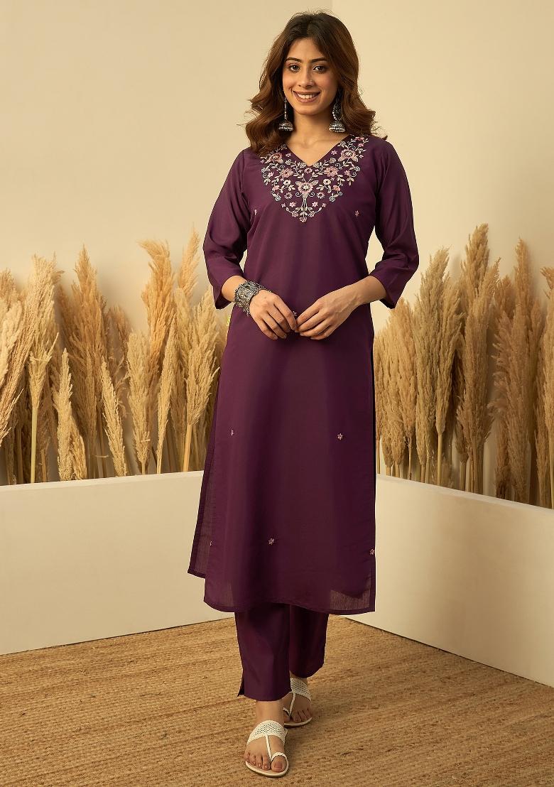 Purple Embroidery Silk Kurta Set - Indya