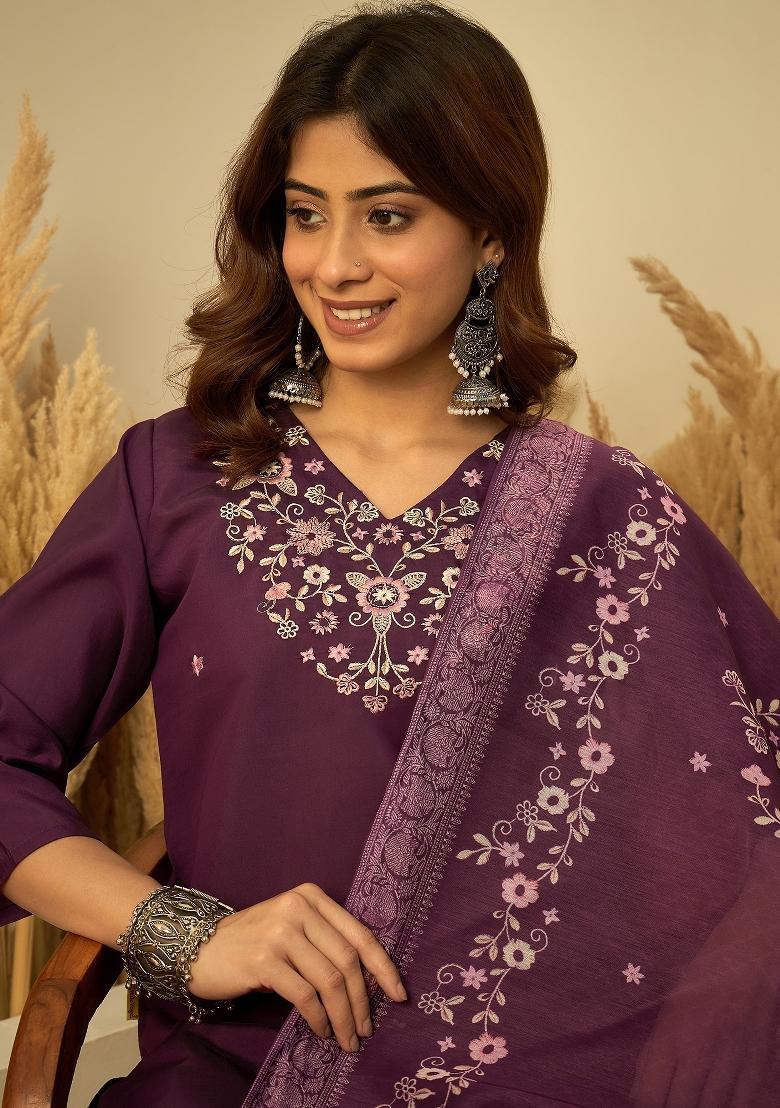 Purple Embroidery Silk Kurta Set - Indya