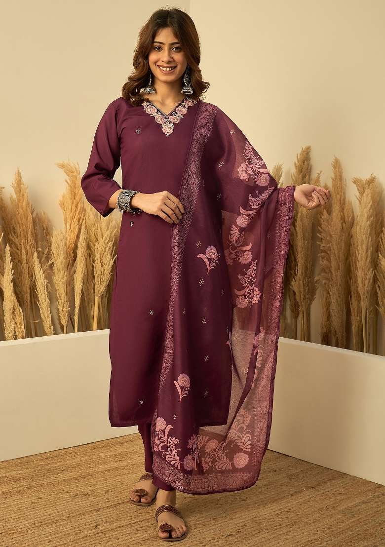 Wine Embroidery Silk Kurta Set - Indya