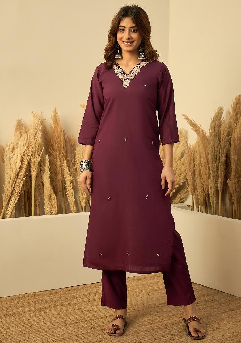 Wine Embroidery Silk Kurta Set - Indya