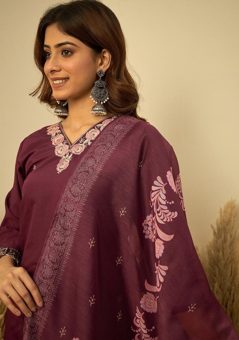 Wine Embroidery Silk Kurta Set - Indya