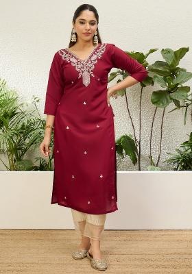 Maroon Embroidery Silk Kurta Set