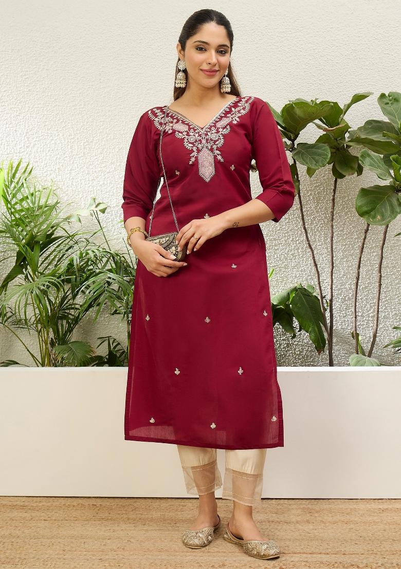 Maroon Embroidery Silk Kurta Set - Indya