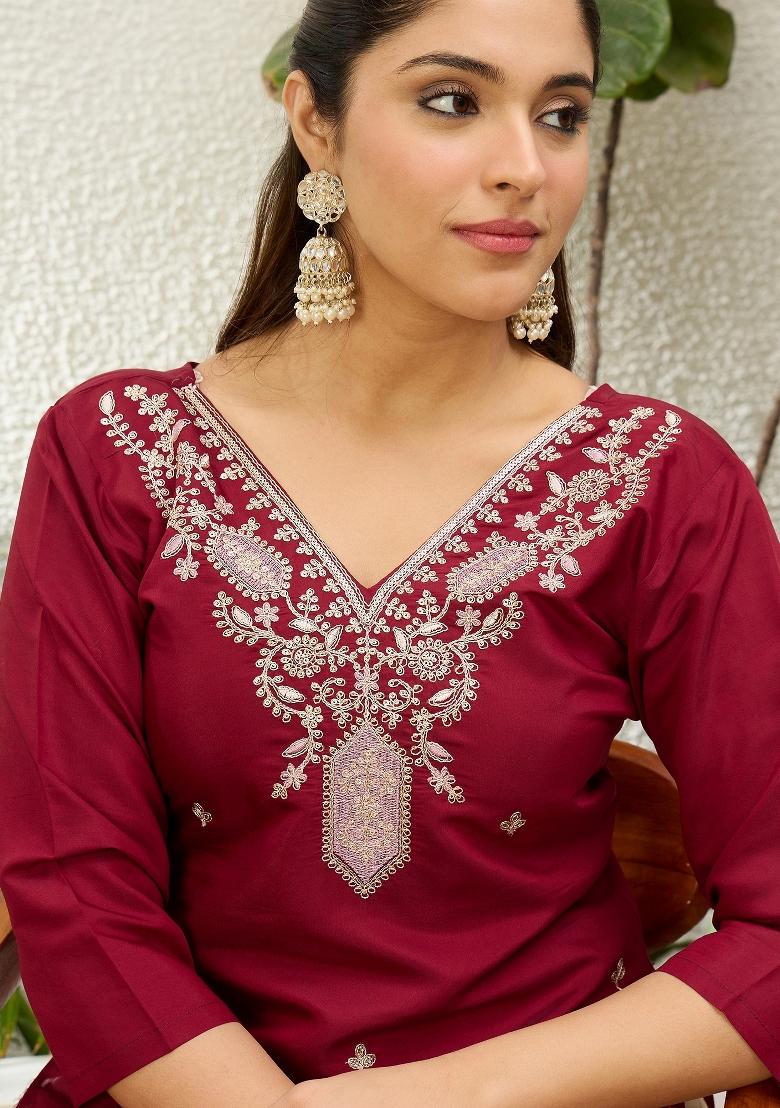 Maroon Embroidery Silk Kurta Set - Indya