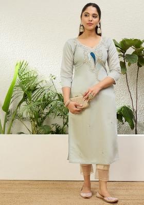 Grey Embroidery Silk Kurta Set