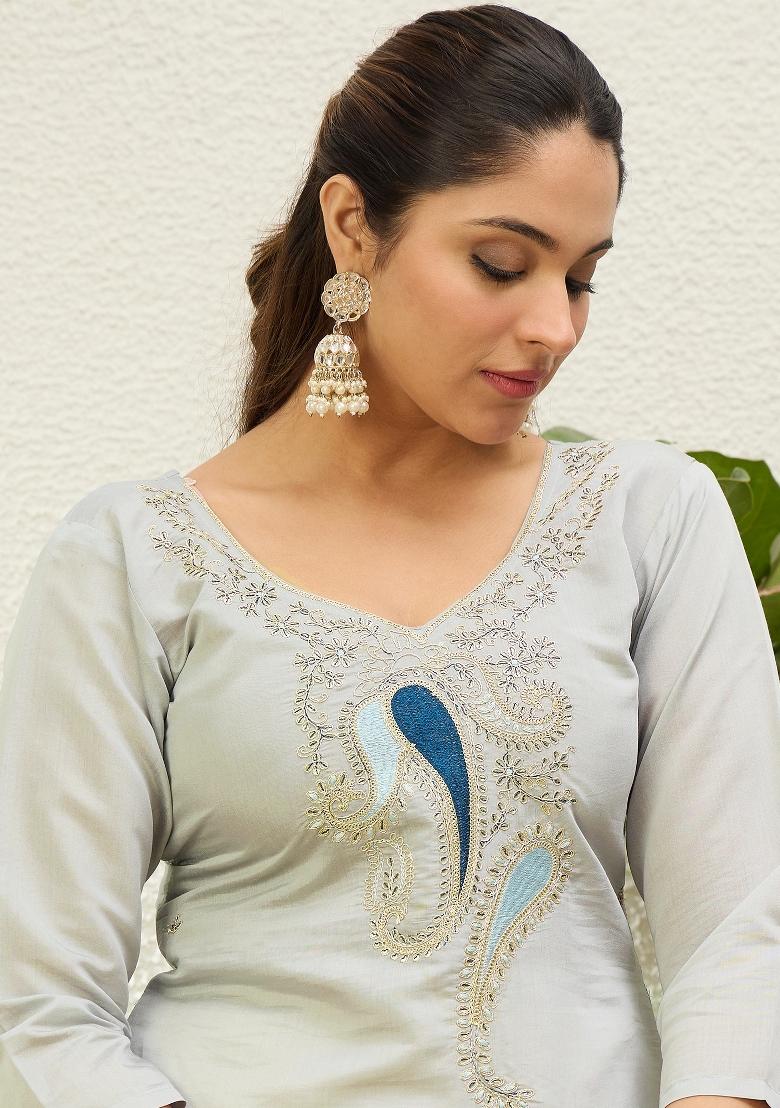 Grey Embroidery Silk Kurta Set - Indya
