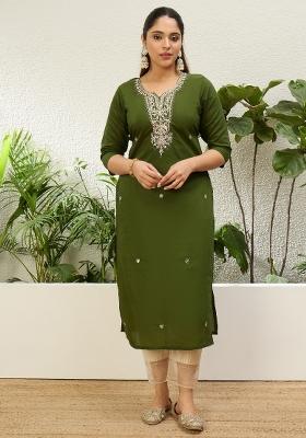 Mehendi Green Embroidery Silk Kurta Set