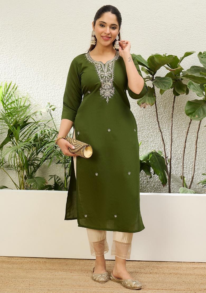 Mehendi Green Embroidery Silk Kurta Set - Indya