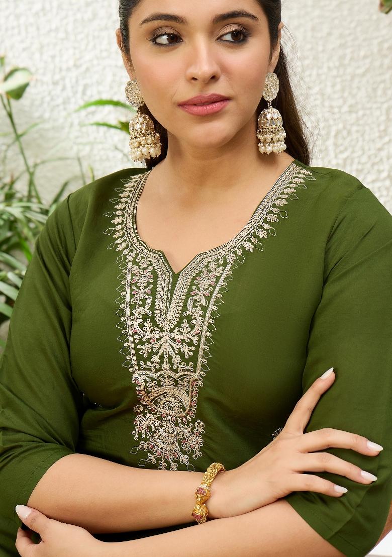 Mehendi Green Embroidery Silk Kurta Set - Indya
