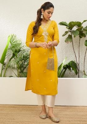 Yellow Embroidery Silk Kurta Set