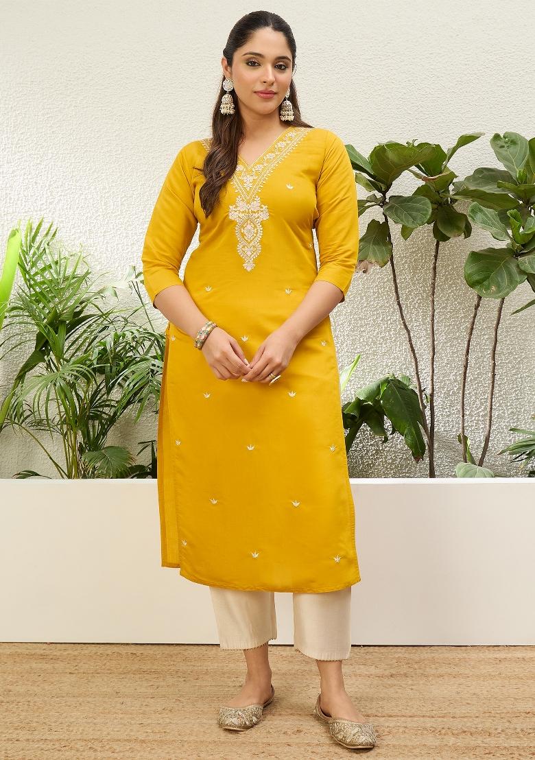 Yellow Embroidery Silk Kurta Set - Indya
