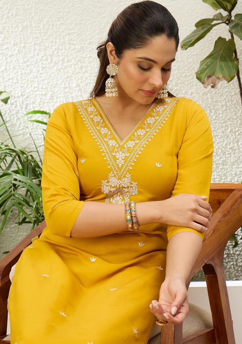 Yellow Embroidery Silk Kurta Set - Indya