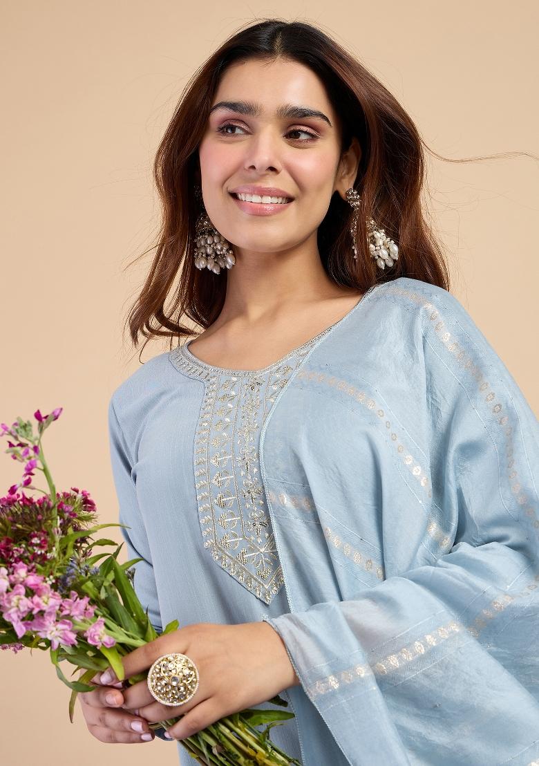 Grey Embroidery Cotton Kurta Set - Indya