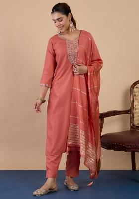 Peach Embroidery Cotton Kurta Set