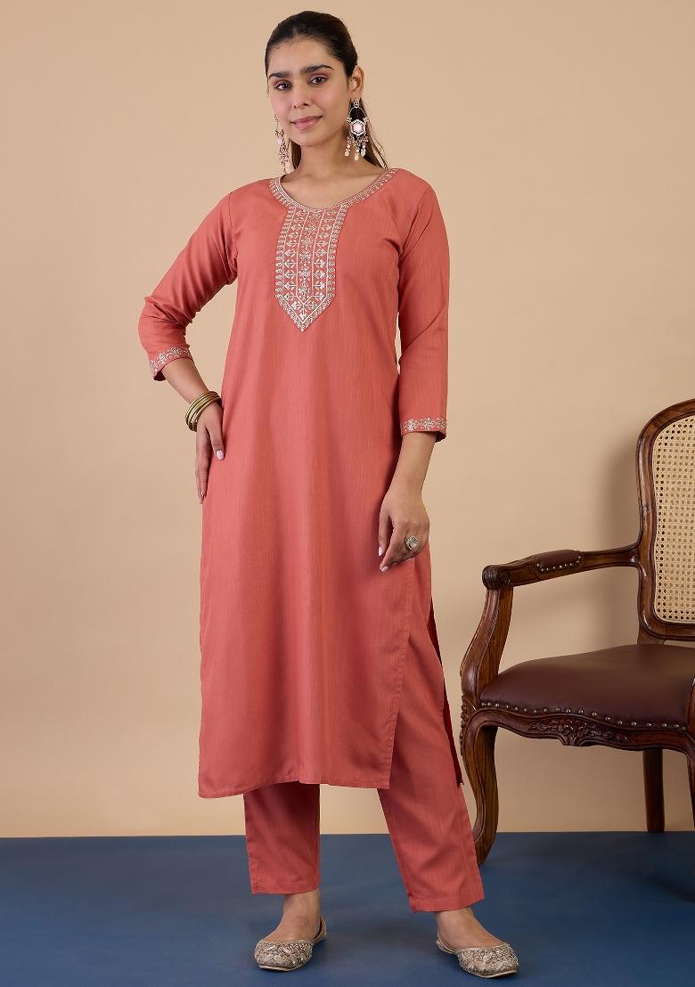Peach Embroidery Cotton Kurta Set - Indya