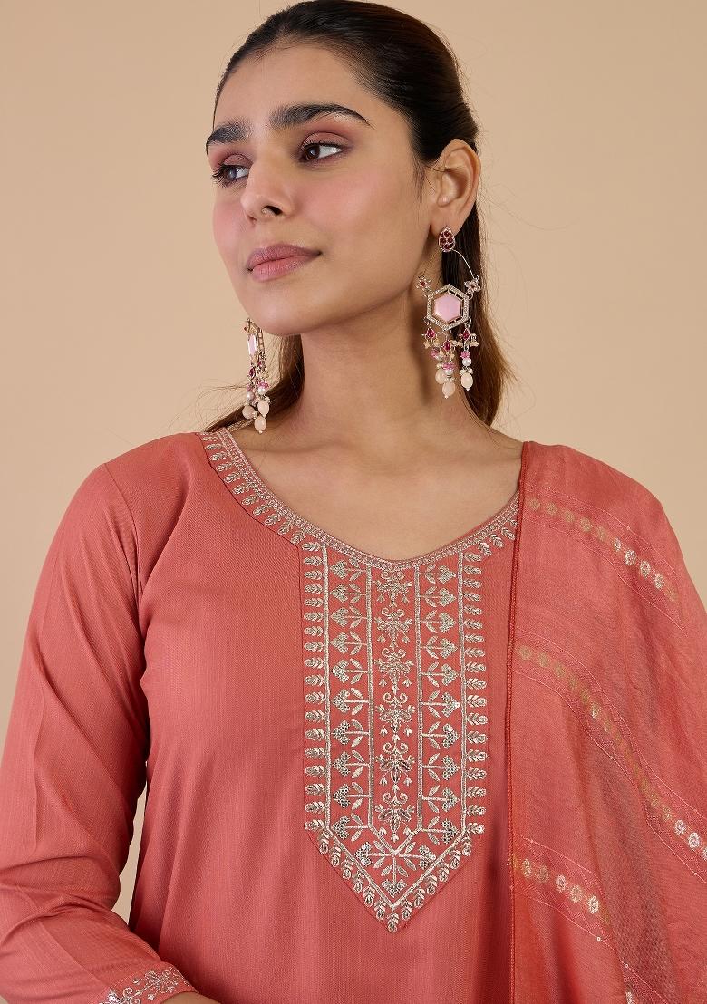Peach Embroidery Cotton Kurta Set - Indya