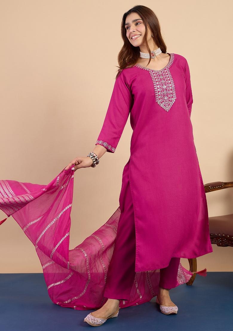 Pink Embroidery Cotton Kurta Set - Indya