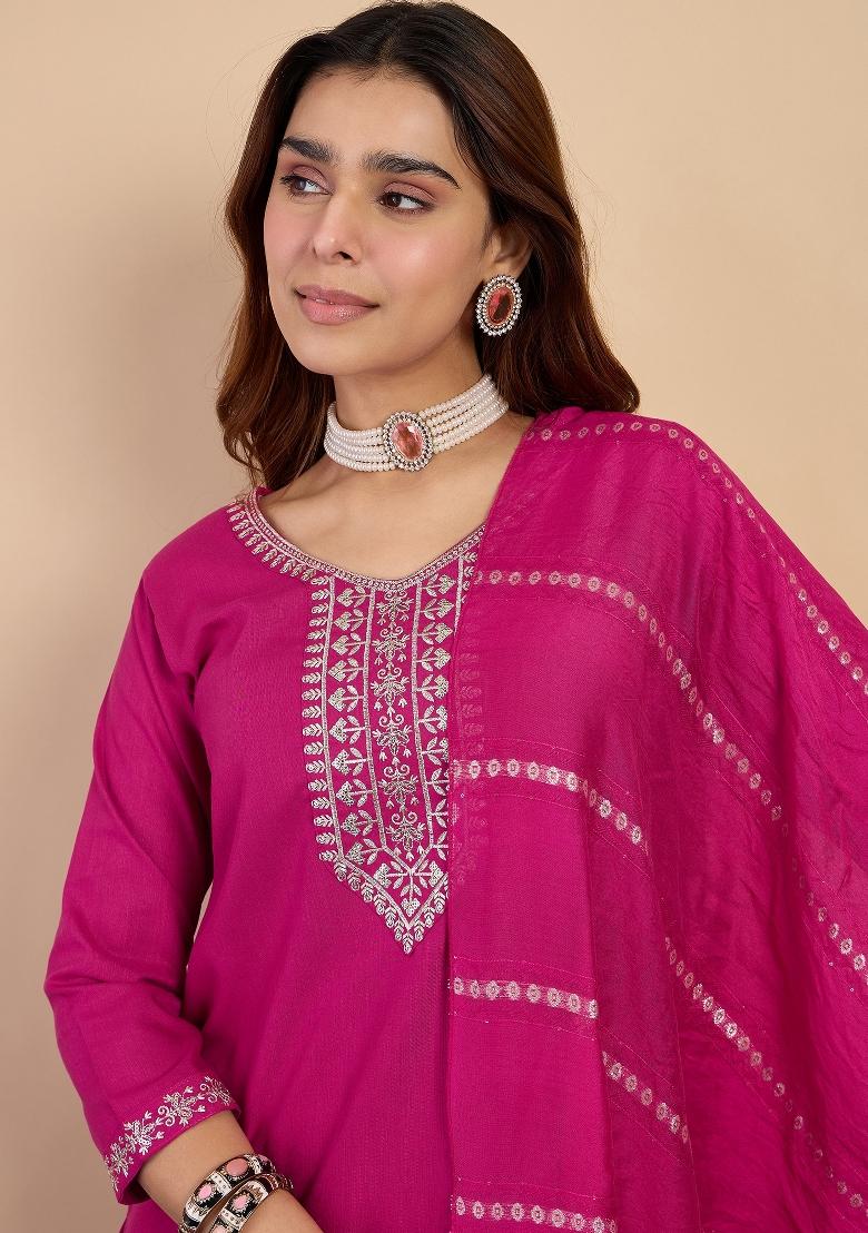 Pink Embroidery Cotton Kurta Set - Indya
