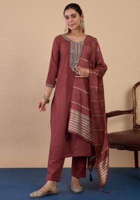 Dusty Brown Embroidery Cotton Kurta Set