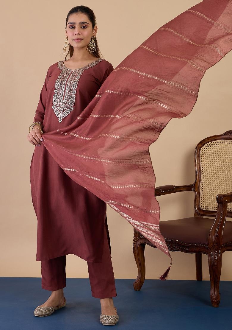 Dusty Brown Embroidery Cotton Kurta Set - Indya