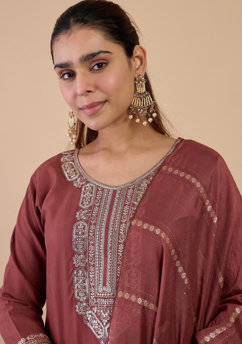 Dusty Brown Embroidery Cotton Kurta Set - Indya