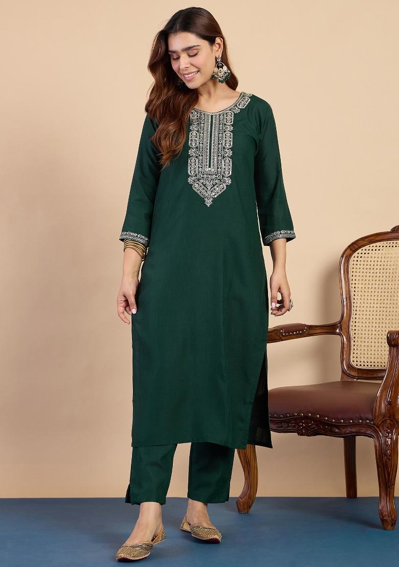 Green Embroidery Cotton Kurta Set - Indya