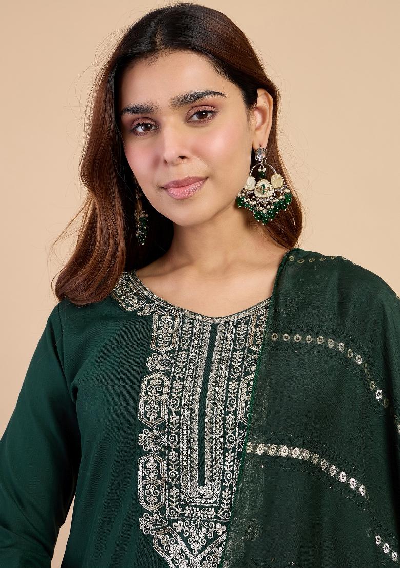 Green Embroidery Cotton Kurta Set - Indya