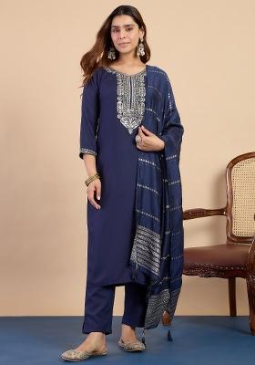 Navy Blue Embroidery Cotton Kurta Set