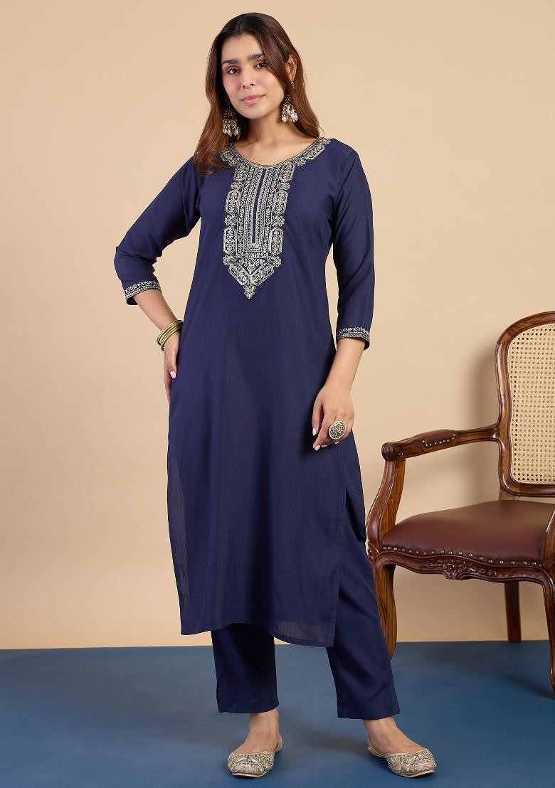 Navy Blue Embroidery Cotton Kurta Set - Indya