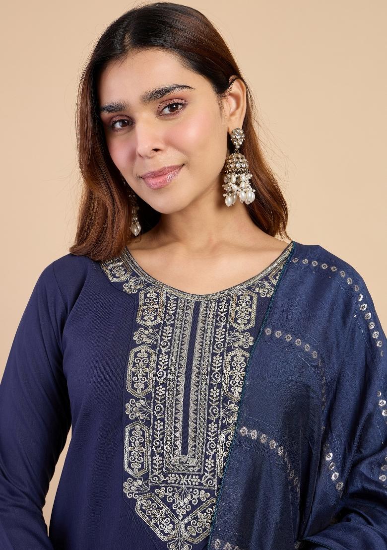 Navy Blue Embroidery Cotton Kurta Set - Indya