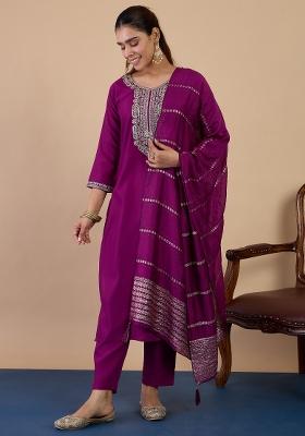 Purple Embroidery Cotton Kurta Set