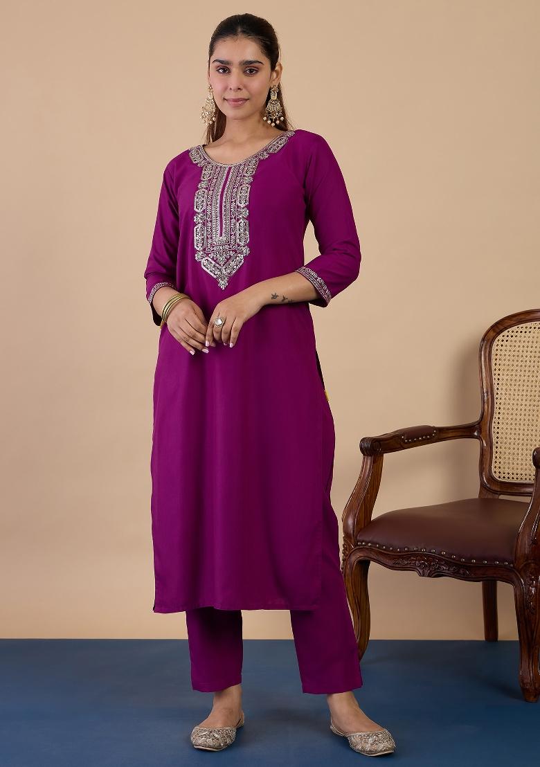 Purple Embroidery Cotton Kurta Set - Indya
