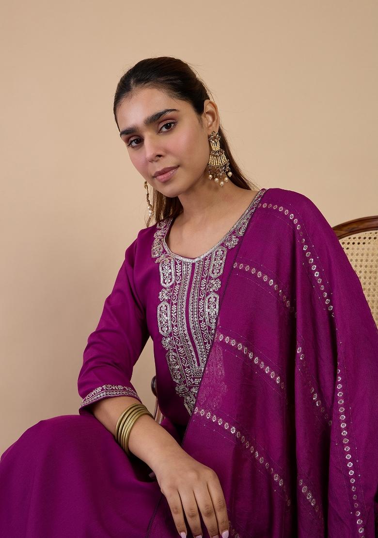 Purple Embroidery Cotton Kurta Set - Indya