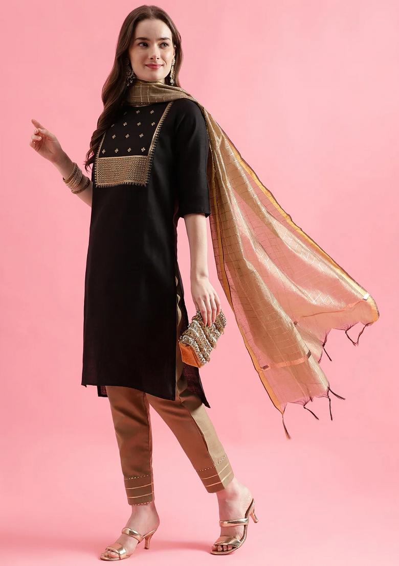 Black Embroidery Cotton Kurta Set - Indya