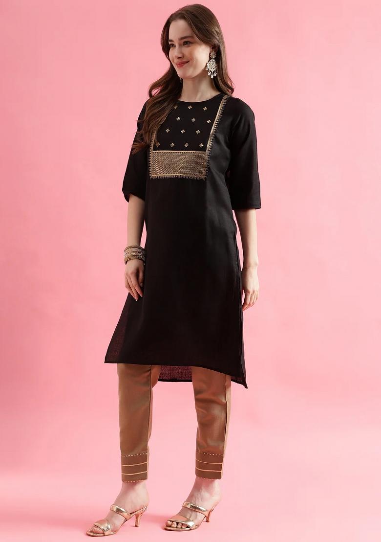 Black Embroidery Cotton Kurta Set - Indya