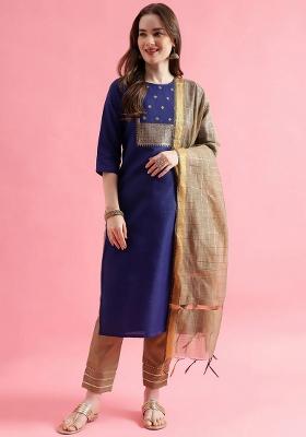 Blue Embroidery Cotton Kurta Set