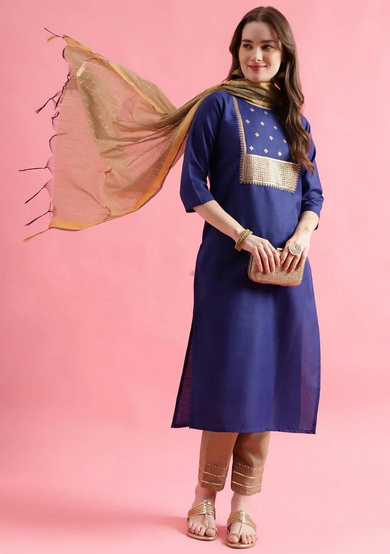 Blue Embroidery Cotton Kurta Set - Indya