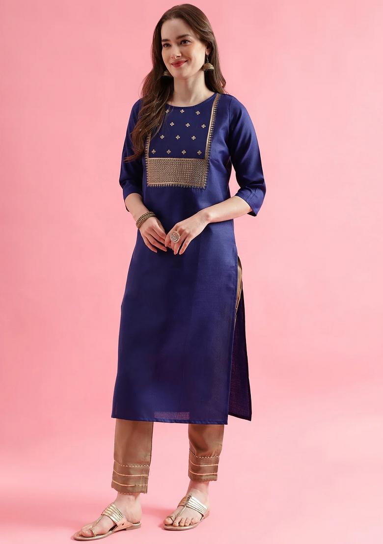 Blue Embroidery Cotton Kurta Set - Indya