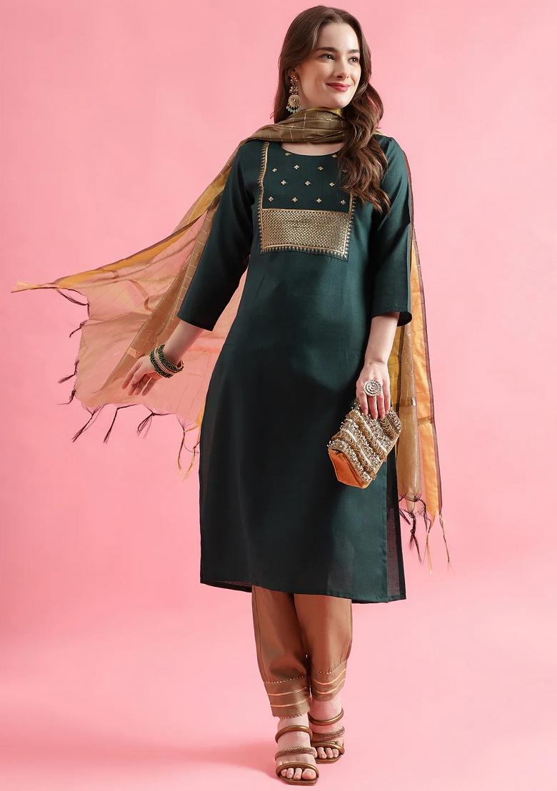 Green Embroidery Cotton Kurta Set - Indya