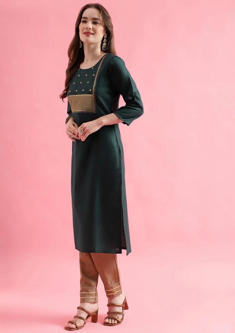 Green Embroidery Cotton Kurta Set - Indya