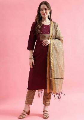 Maroon Embroidery Cotton Kurta Set