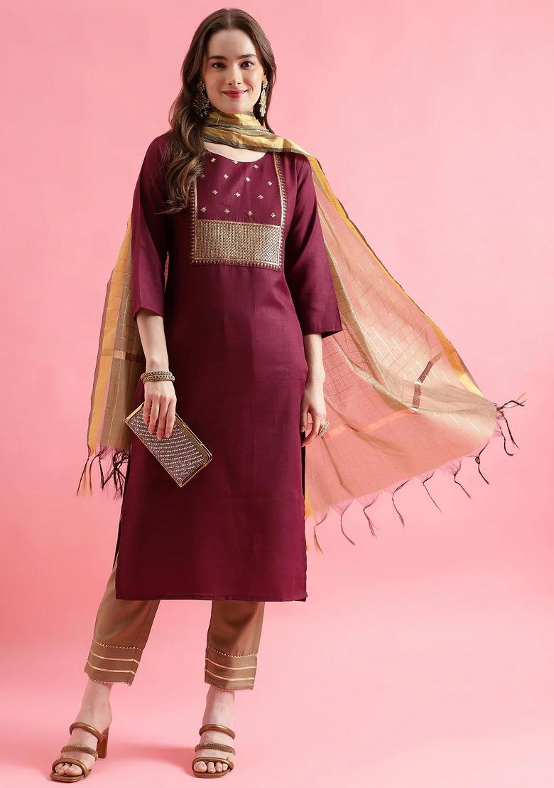Maroon Embroidery Cotton Kurta Set - Indya
